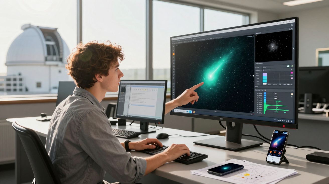 Jovem a trabalhar num escritório, apontando para um cometa numa monitorização astronómica num grande ecrã.