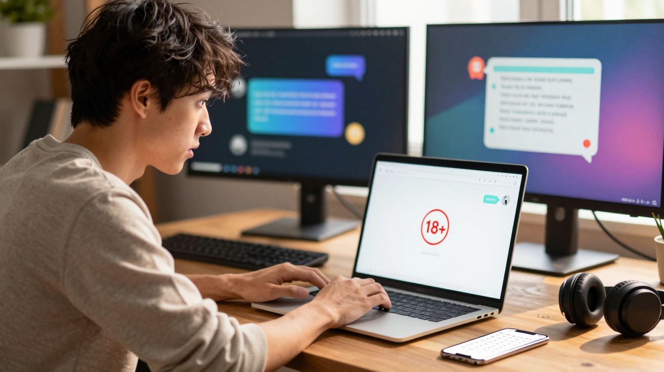 Jovem a usar computador portátil com ecrã a mostrar aviso de conteúdo para maiores de 18 anos, em ambiente de escritório.