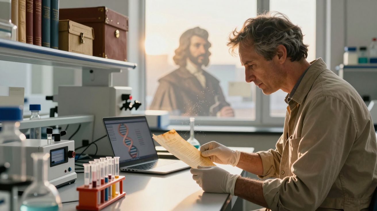 Cientista com luvas analisa documento antigo enquanto trabalha num laboratório de investigação genética.