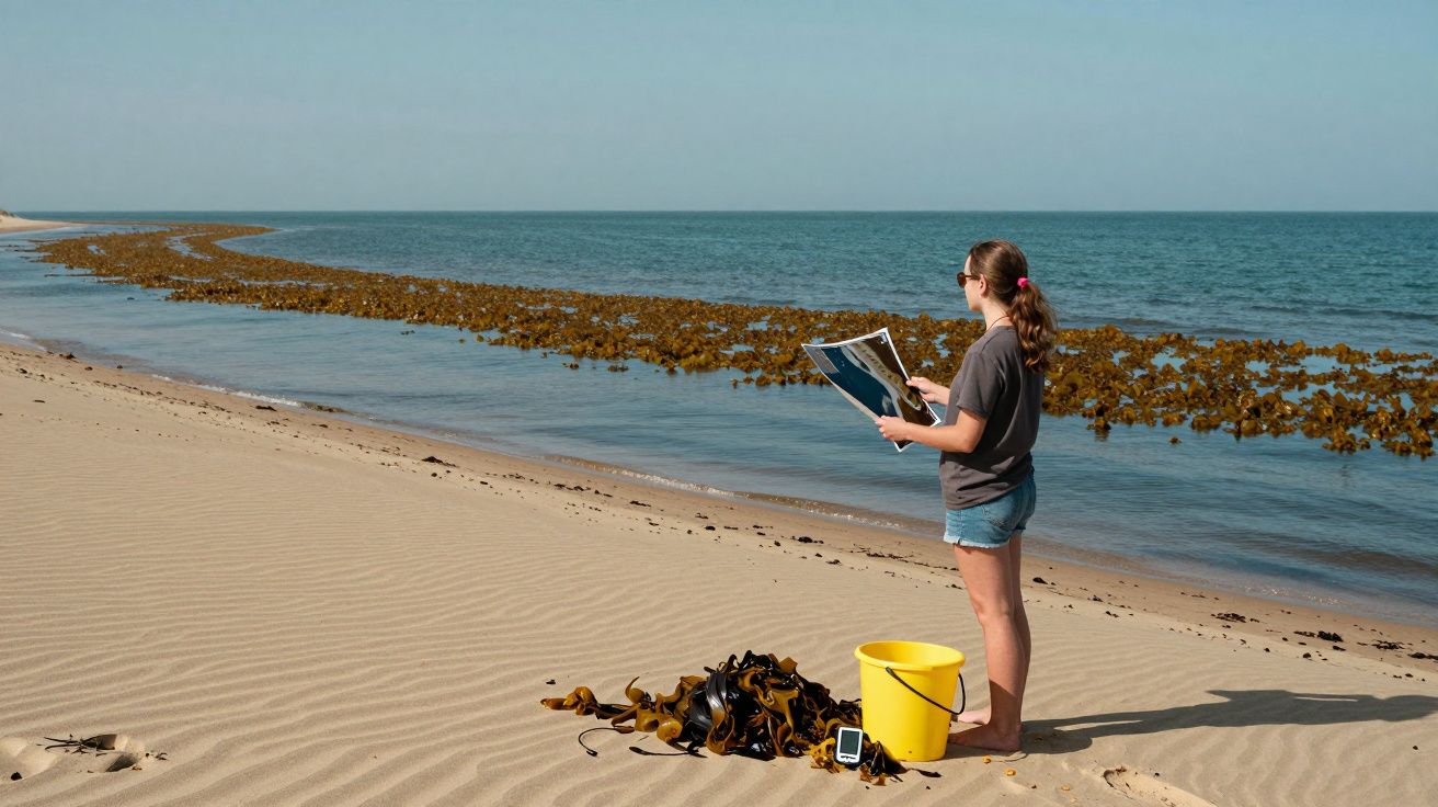 Mulher de pé na praia com jornal, algas, balde amarelo e aparelho eletrônico à sua frente, olhando para o mar.