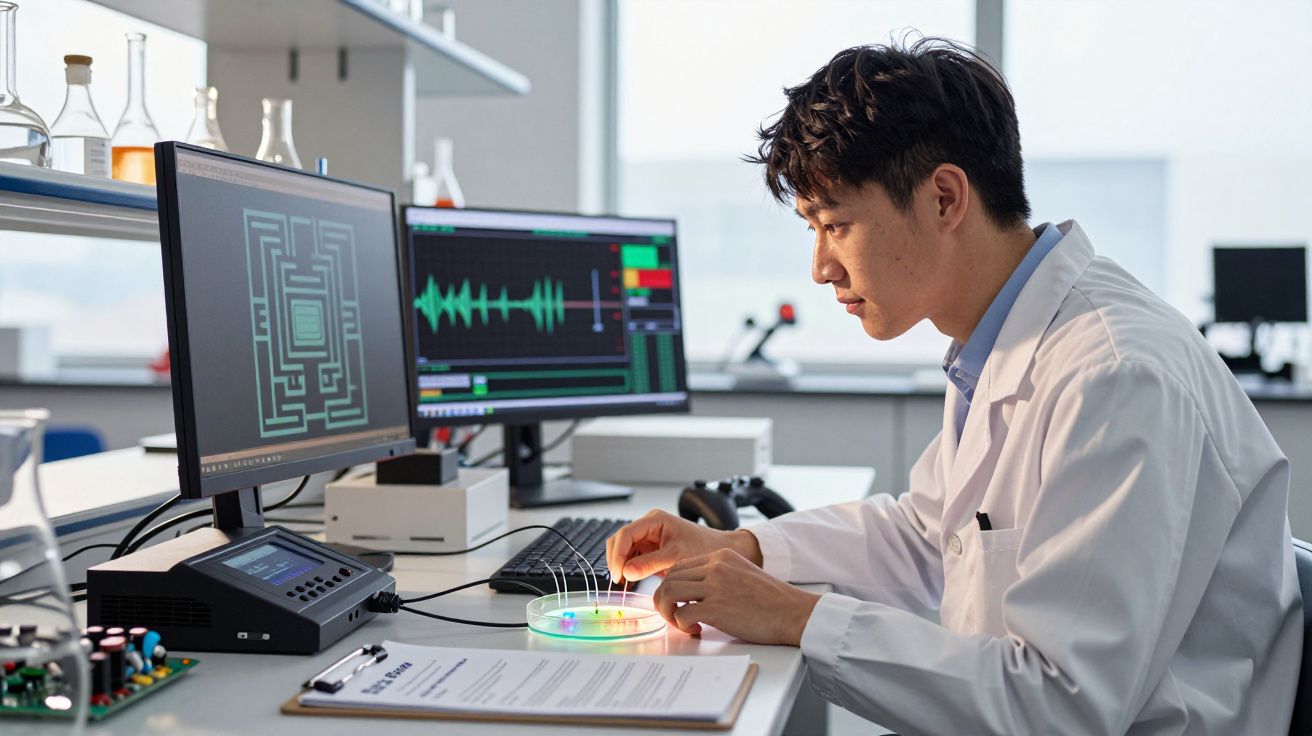 Cientista em laboratório a analisar cultura em placa com equipamentos eletrónicos e monitores à frente.