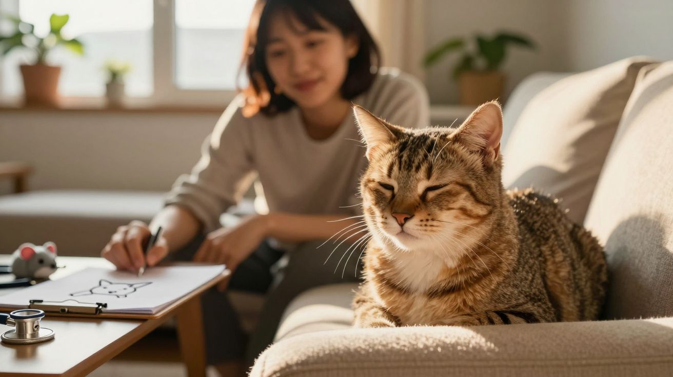 Gato castanho de olhos fechados sentado no sofá com mulher a desenhar ao fundo numa sala iluminada.