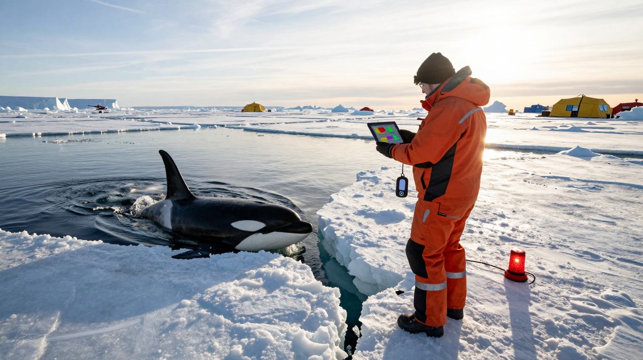 Investigador em fatos térmicos laranja observa uma orca junto ao gelo no Ártico com tendas ao fundo.