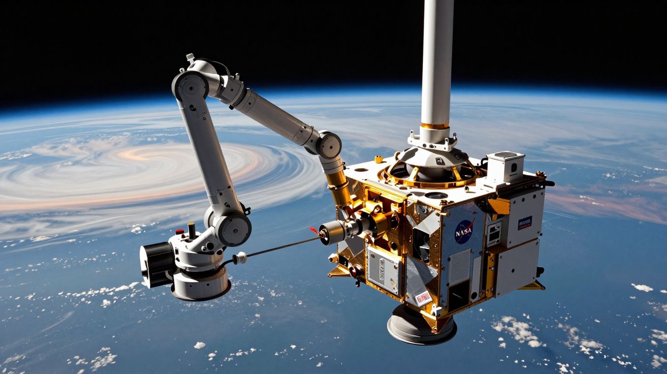 Robô da NASA com braço mecânico em órbita, com a Terra ao fundo.