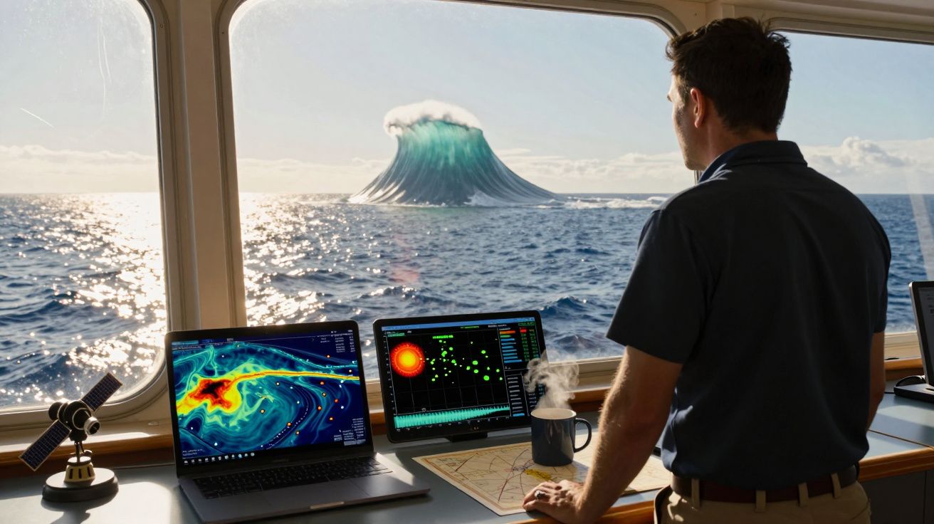 Homem observando uma onda gigante incomum no mar a partir de uma janela com computadores e mapas à frente.