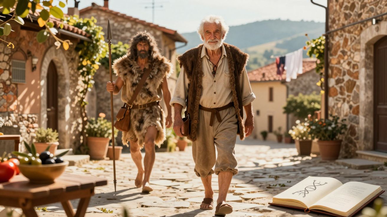 Dois homens em roupas históricas numa aldeia antiga, um segurando um livro e o outro uma lança.