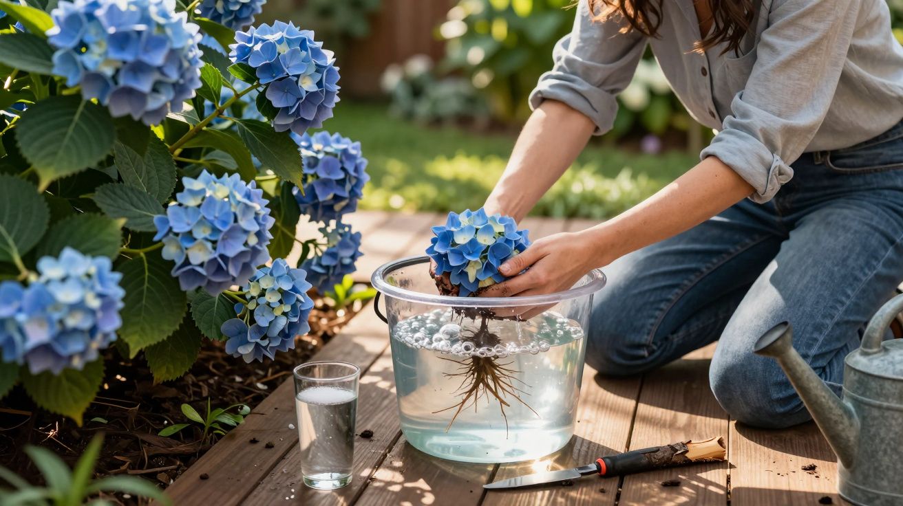 Pessoa a submergir uma planta de hortênsia azul com raízes em água num balde transparente no jardim.