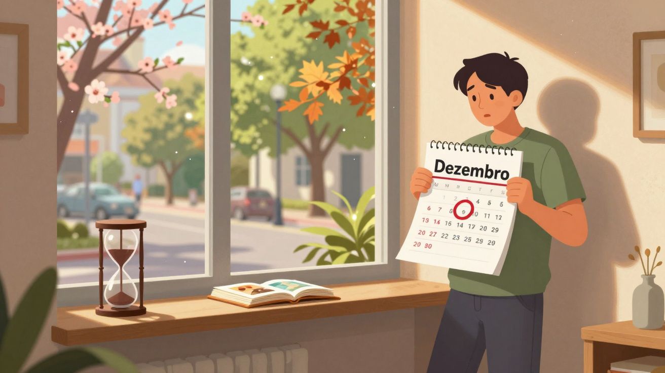 Jovem preocupado segura calendário com data marcada em 5 de dezembro, junto a janela com vista para rua outonal.