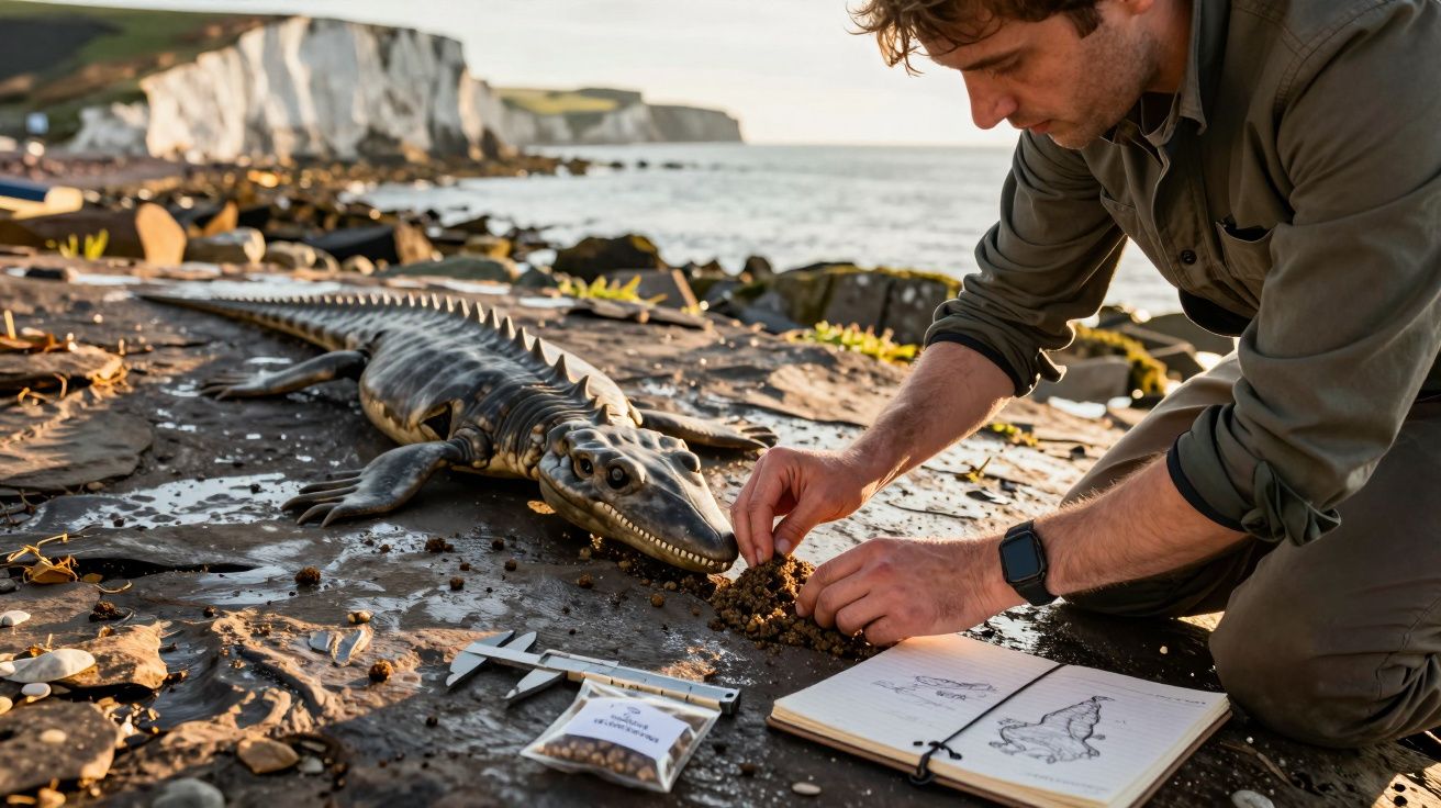 Homem a estudar fóssil de réptil marinho fóssil numa praia rochosa com falésias ao fundo.
