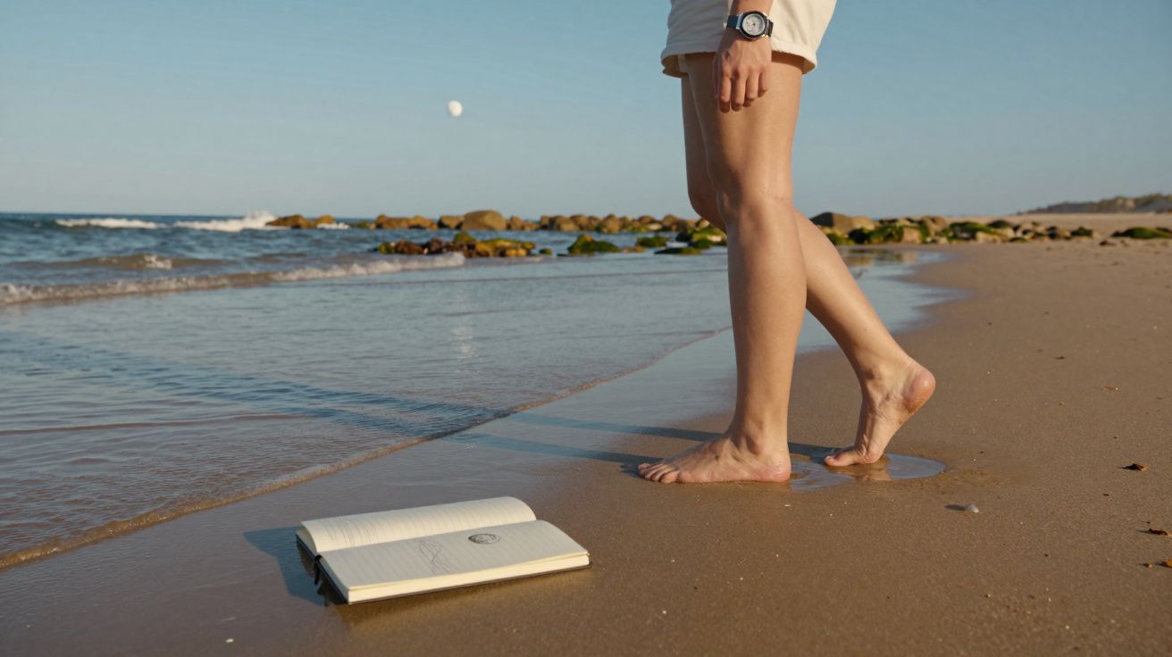 Pés descalços de pessoa a caminhar na areia húmida da praia junto a um caderno aberto no chão.