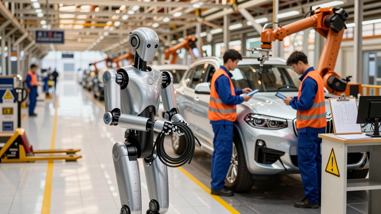 Robô e dois técnicos com coletes laranja trabalham na montagem de carros numa fábrica moderna.