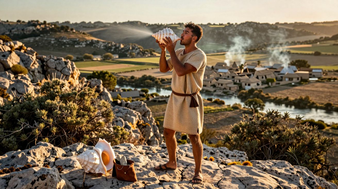 Homem vestido com túnica antiga a soprar numa grande concha junto a aldeia histórica ao pôr do sol.