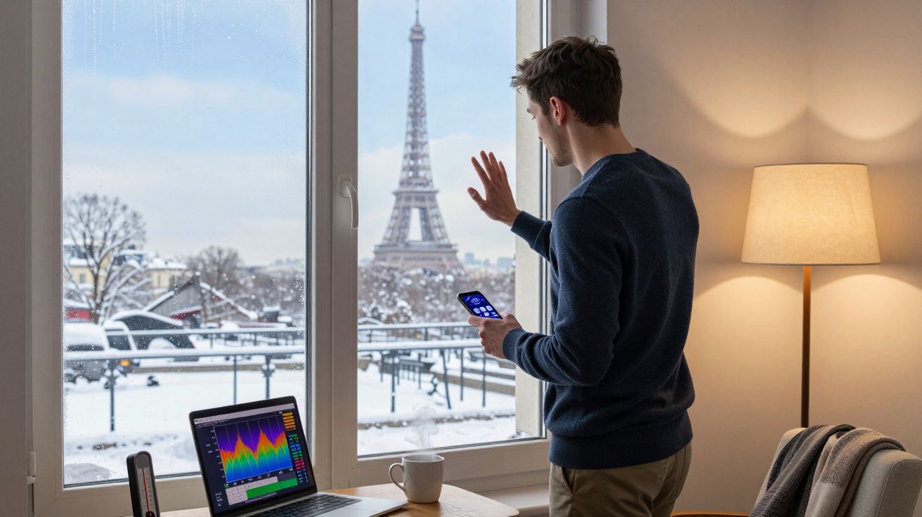 Homem junto a janela com vista para a Torre Eiffel na neve, segurando telemóvel numa mão e cumprimentando com a outra.