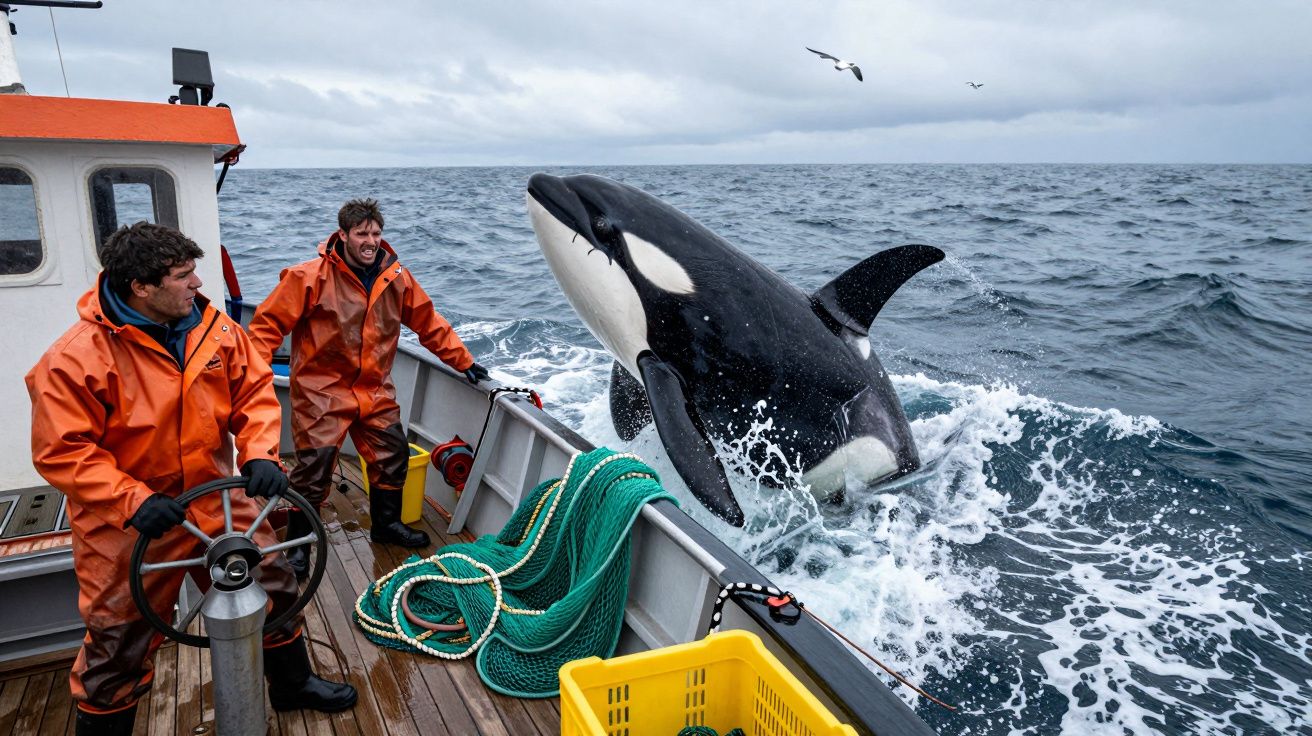 Orca a saltar ao lado de um barco com dois pescadores de fato impermeável laranja no mar agitado.