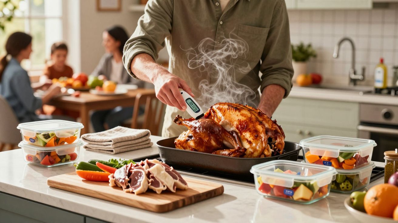 Homem a verificar temperatura de peru assado numa cozinha moderna com família ao fundo a jantar.