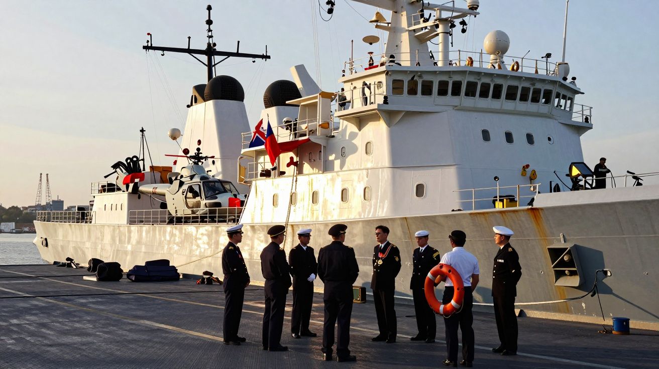 Marinheiros em uniforme reunidos no cais junto a um grande navio branco atracado no porto ao entardecer.