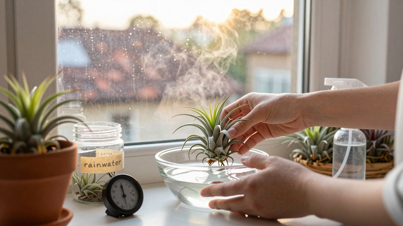 Mãos a cuidar de planta aérea junto a janela com recipiente de água, frasco de água da chuva e pulverizador.