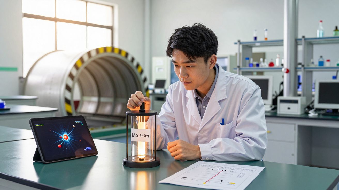 Homem de bata branca em laboratório a observar dispositivo rotulado Mo-93m sobre mesa com tablet e documento.