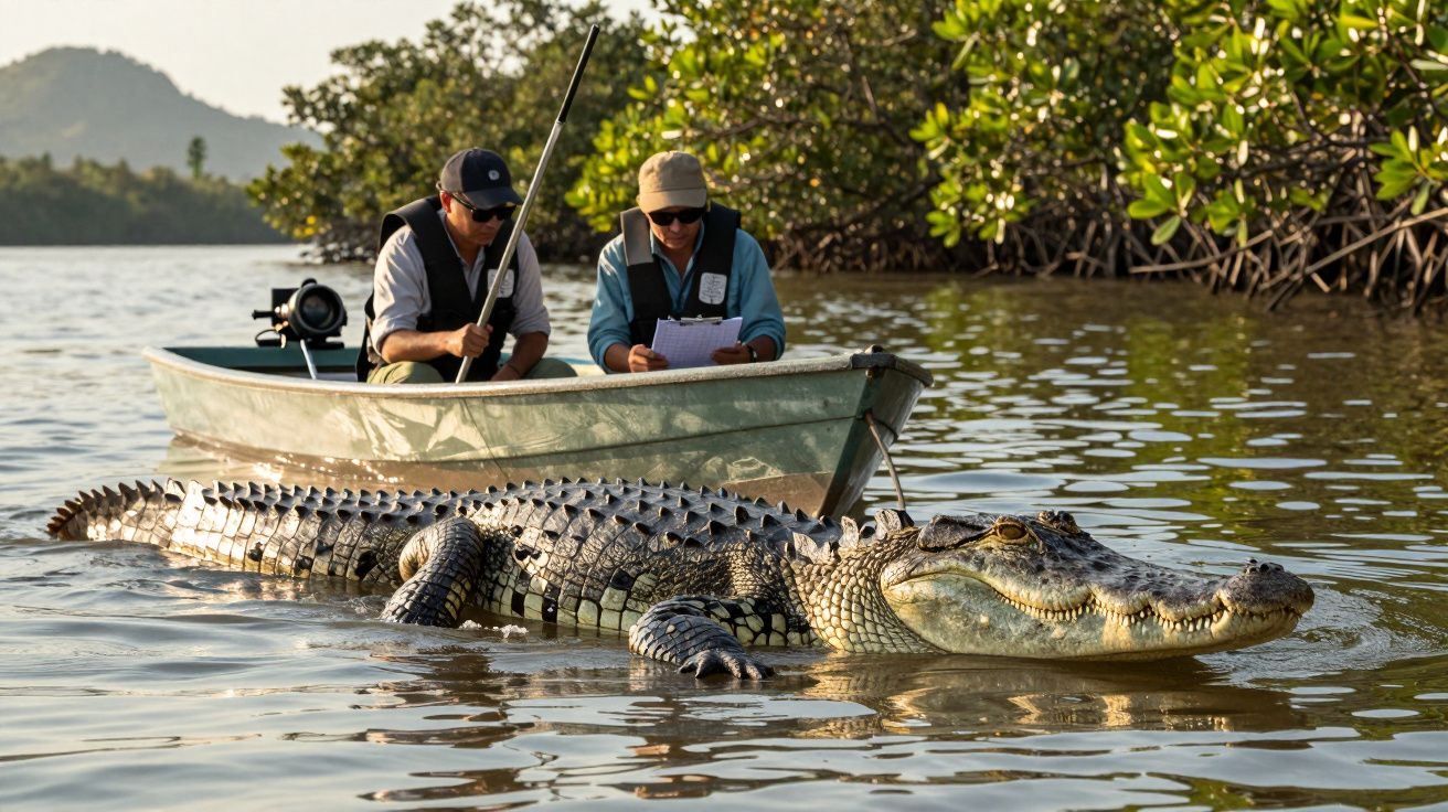 Dois investigadores num barco a observar e anotar dados sobre um crocodilo numa zona de água com mangais.