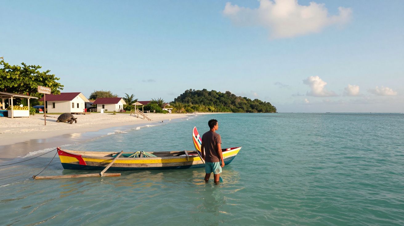 Homem em pé na água ao lado de um barco colorido numa praia com pequenas casas e vegetação ao fundo.