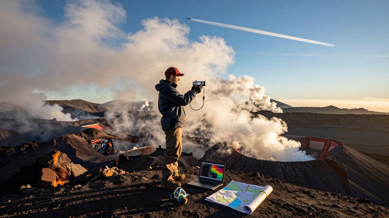 Cientista a fotografar fumaça de vulcão ativo, com mapa, computador e máscara no chão, sob céu azul com avião.