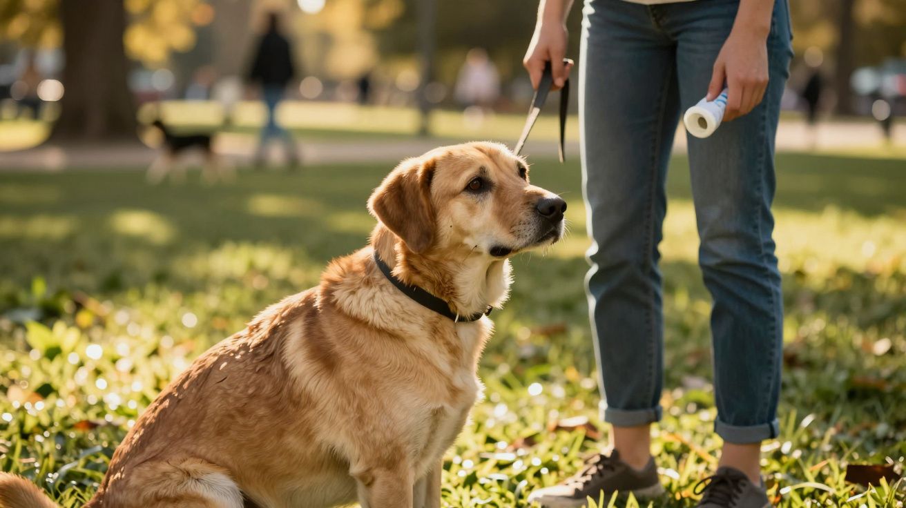 Cão castanho sentado na relva ao lado de pessoa com jeans e dispenser para sacos de dejetos no parque.