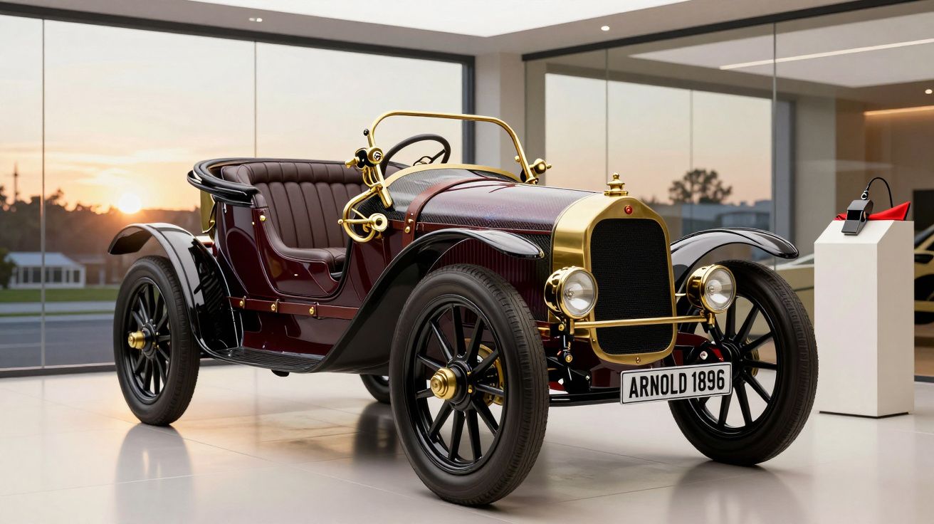 Carro antigo de cor vinho com detalhes dourados numa sala moderna com grandes janelas ao pôr do sol.