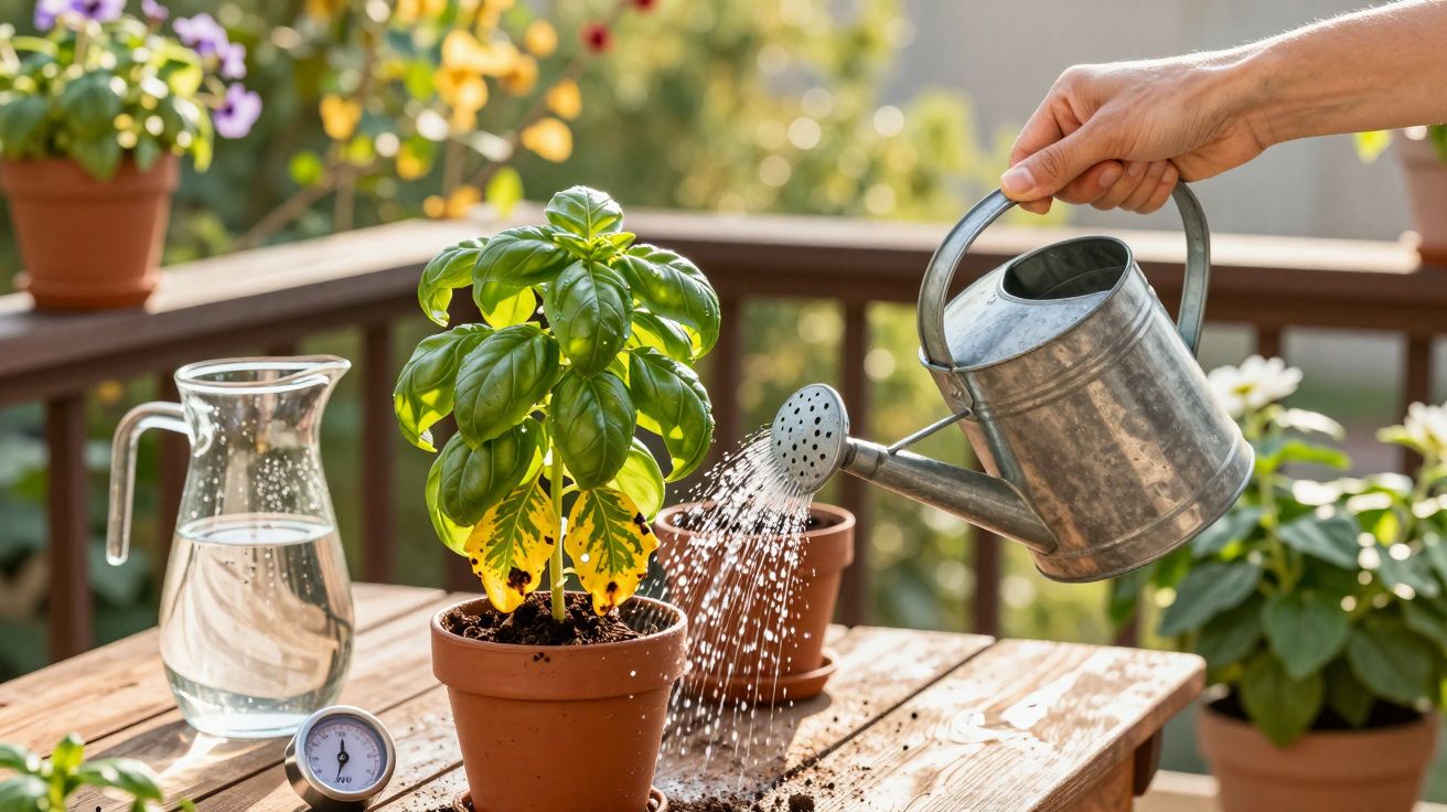 Mão a regar planta em vaso de barro numa mesa de madeira numa varanda ensolarada.
