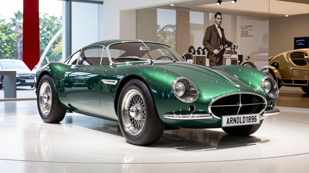 Carro clássico desportivo verde metálico exposto em museu automóvel moderno com interior branco.