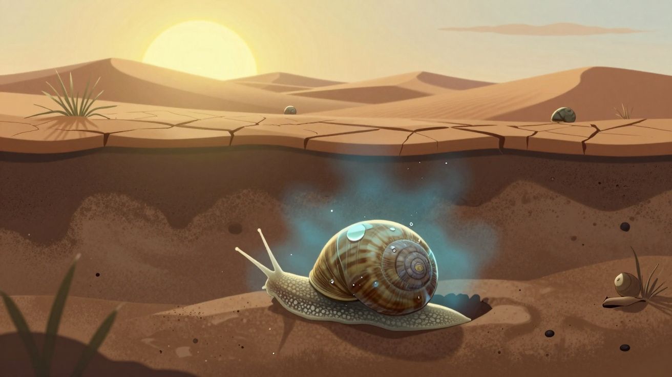 Caracol luminoso a deslizar-se no solo árido ao pôr do sol num ambiente deserto seco com plantas esparsas.