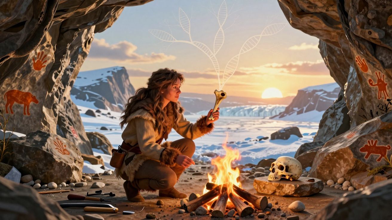 Mulher pré-histórica junto à fogueira numa caverna, segurando osso com desenhos rúnicos ao pôr do sol.