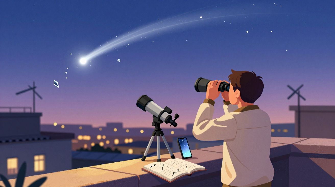 Rapaz observa a noite com binóculos no telhado, perto de telescópio e caderno de astronomia, com estrela cadente no céu.