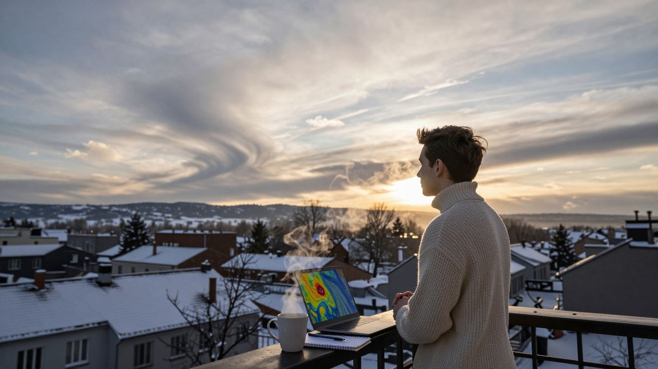 Pessoa de suéter quente observa o pôr do sol na varanda com laptop e chá quente numa tarde fria de inverno.