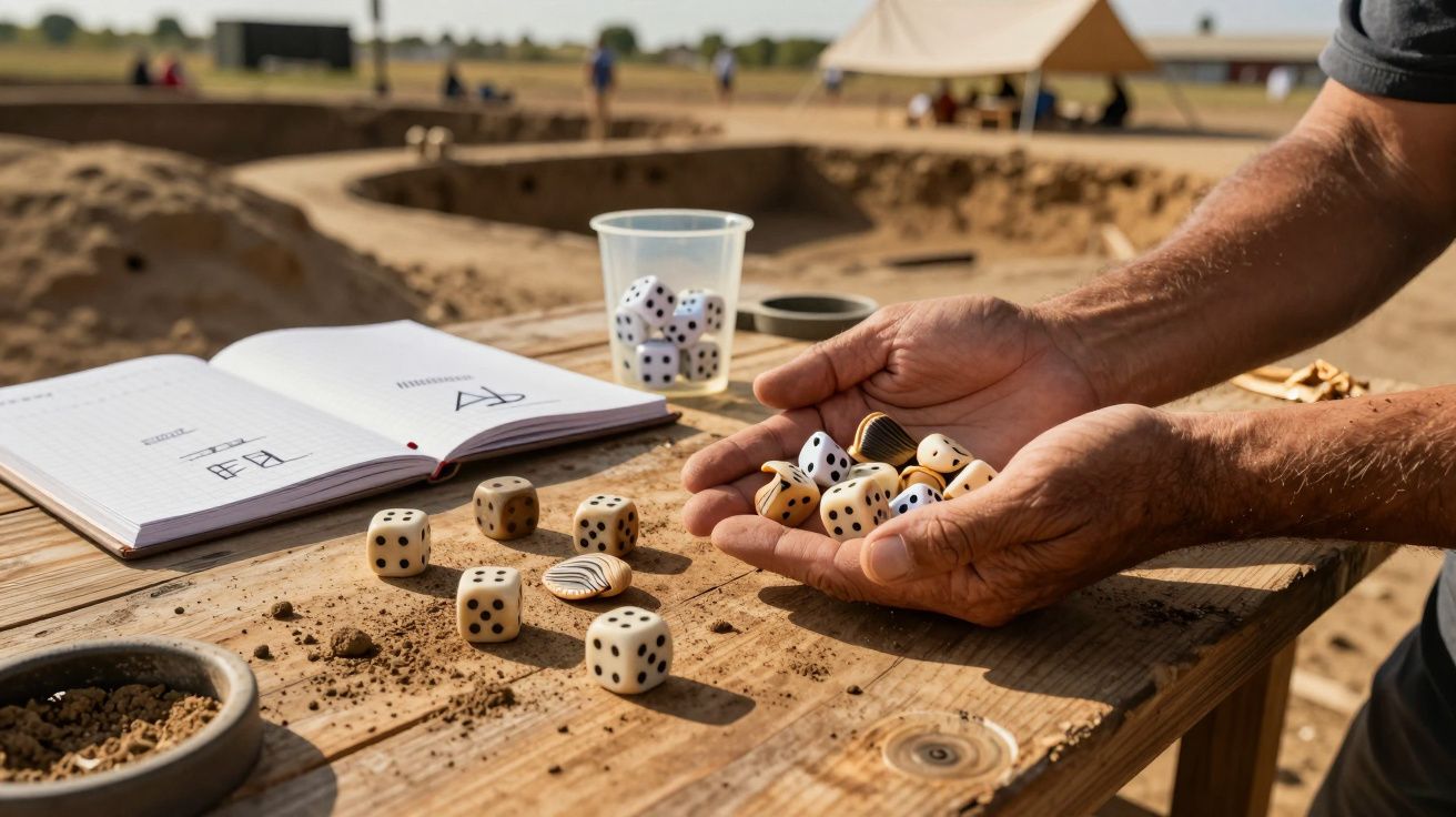 Mãos seguram dados e conchas sobre uma mesa de madeira num sítio arqueológico com notas e dados espalhados.