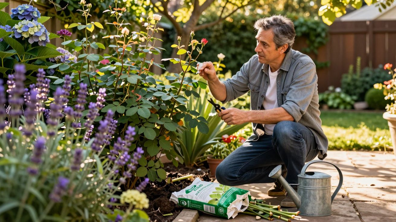 Homem a podar rosas num jardim com regador e saco de fertilizante ao lado.