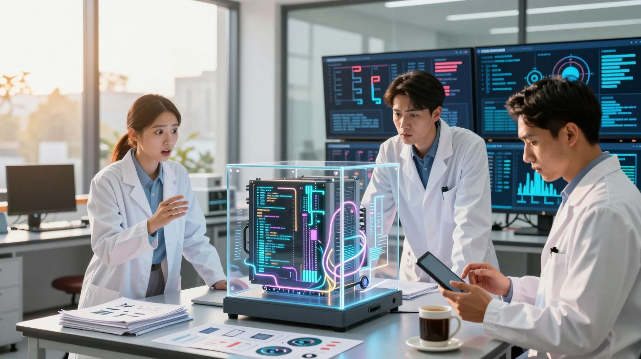 Três investigadores em laboratório analisam um modelo digital holográfico de dados e circuitos num monitor.