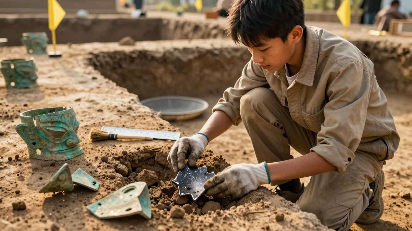 Jovem arqueólogo a examinar artefacto antigo num sítio escavado com vários objetos quebrados.