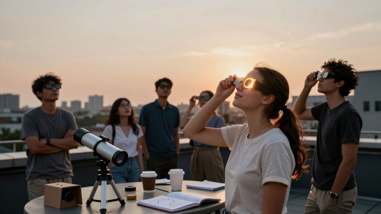 Grupo de jovens a observar eclipse solar com óculos protetores num terraço ao pôr do sol.