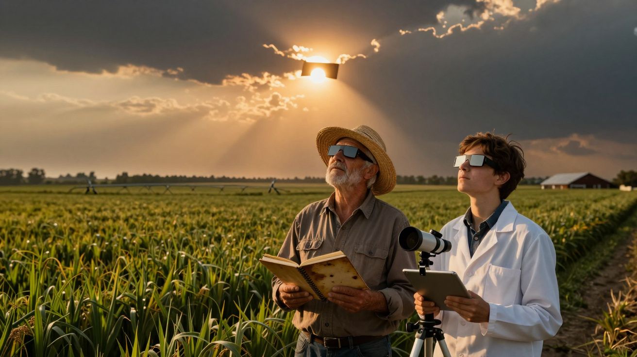 Homem e jovem com óculos de proteção observam eclipse solar numa plantação ao pôr do sol.