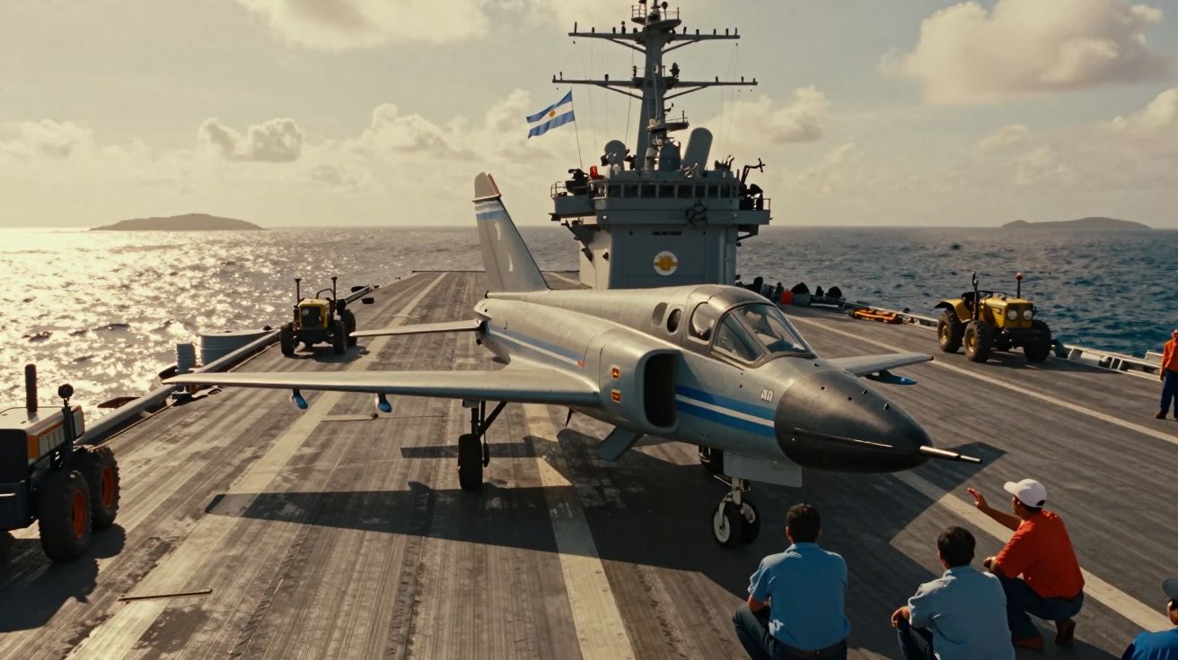 Avião militar estacionado numa porta-aviões no mar com várias pessoas a observar ao pôr do sol.