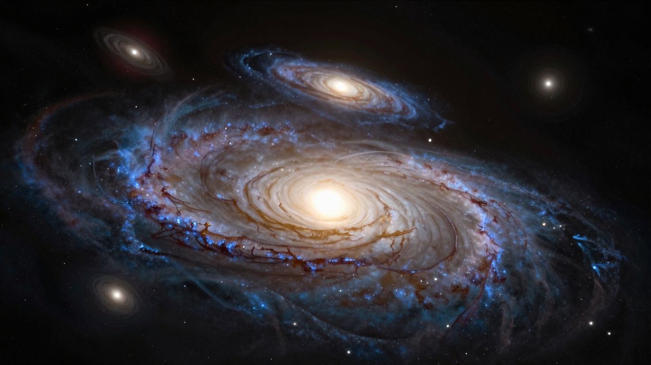 Imagem digital de galáxias espirais com núcleos brilhantes em fundo negro estrelado.