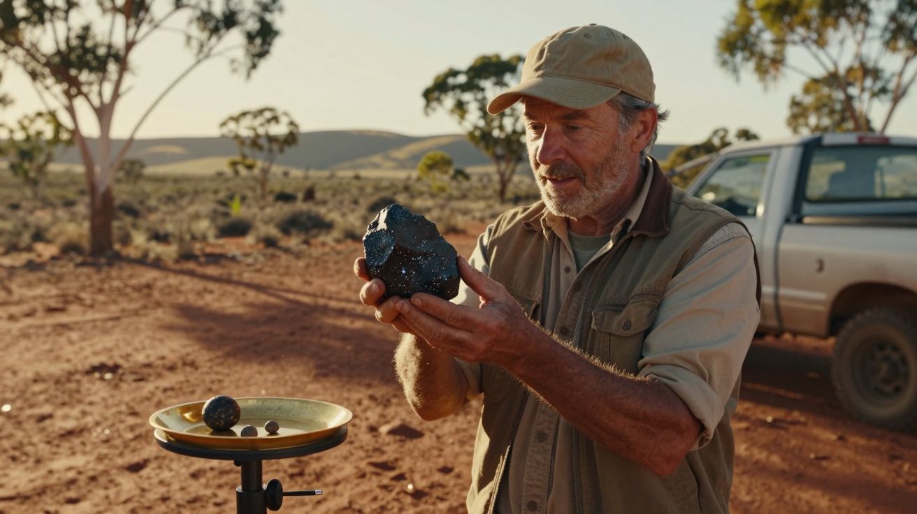 Homem com chapéu segura uma rocha negra ao ar livre, com balança e carrinha ao fundo num terreno seco.