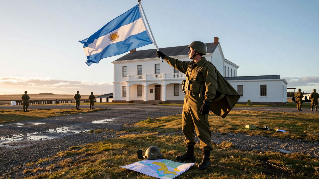 Soldado em uniforme a segurar bandeira da Argentina junto a mapa ao ar livre com edifício e outros soldados ao fundo.