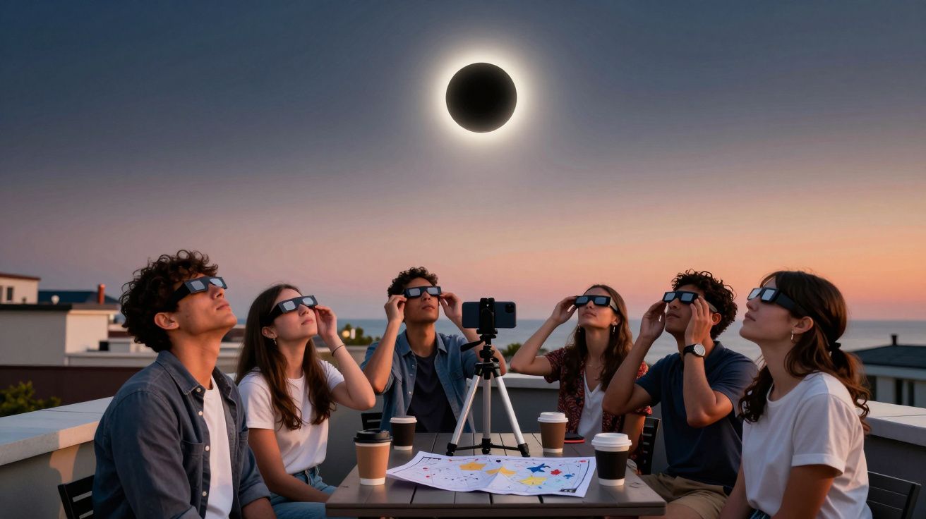 Grupo de seis pessoas num terraço a observar eclipse solar com óculos de proteção ao pôr do sol.