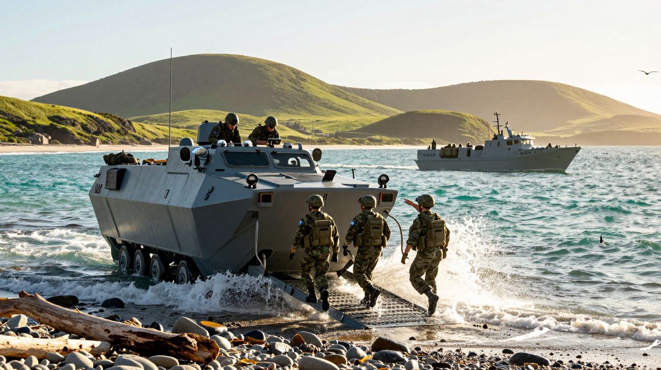 Soldados em roupas militares desembarcando de veículo anfíbio na praia com navio ao fundo e colinas verdes.