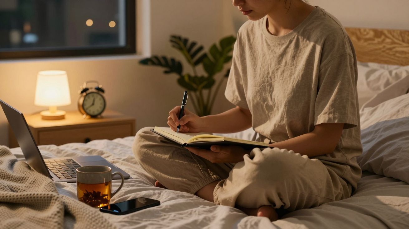 Pessoa sentada na cama a escrever num caderno, com computador portátil, chá e telemóvel à sua frente.