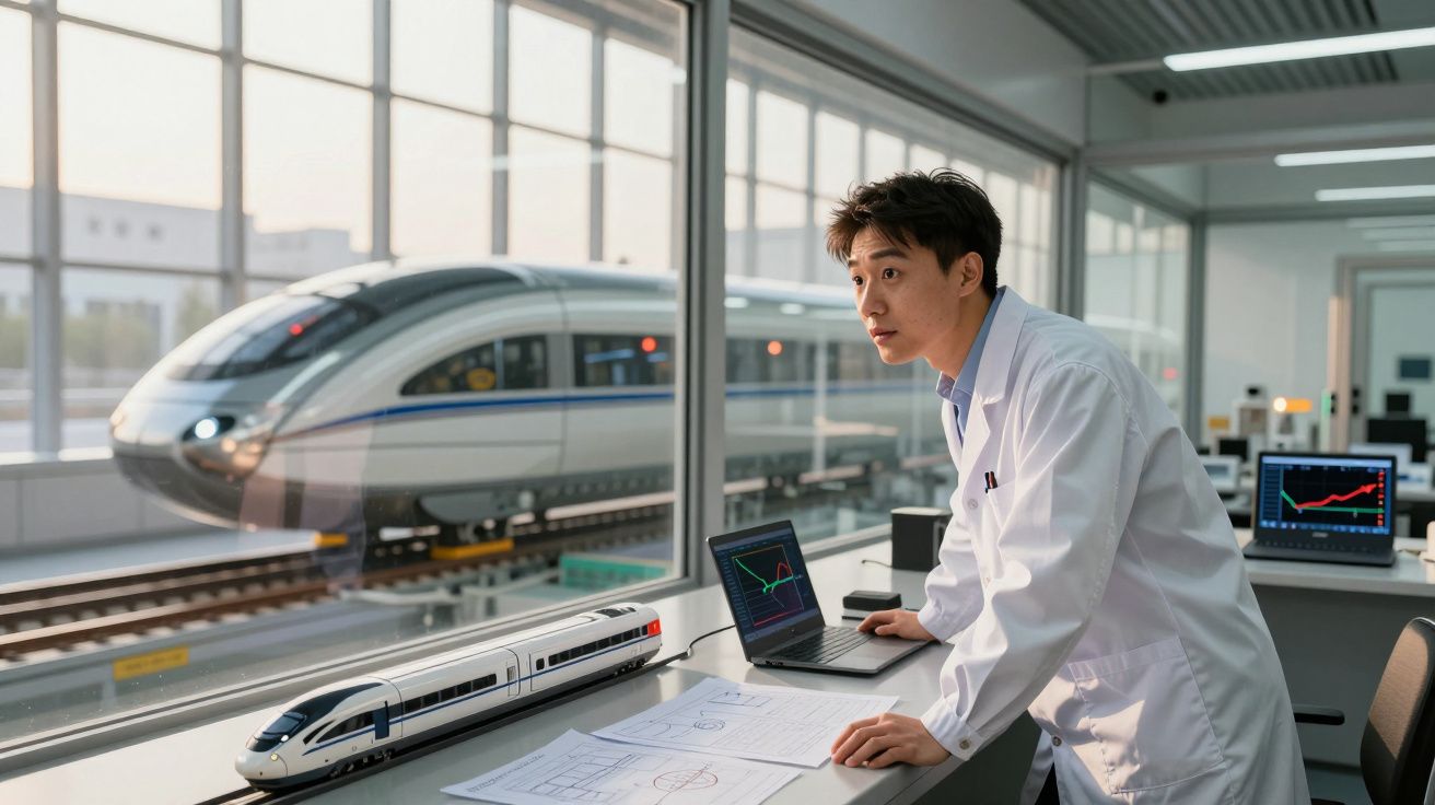 Engenheiro em laboratório com modelo de comboio e gráfico em computador, comboio moderno visível pela janela.