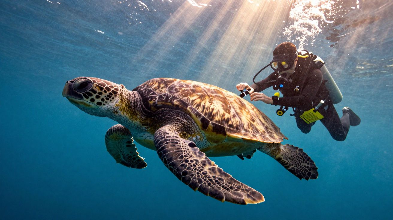 Tartaruga marinha a nadar com mergulhador que fotografa de perto sob a luz do sol na água.