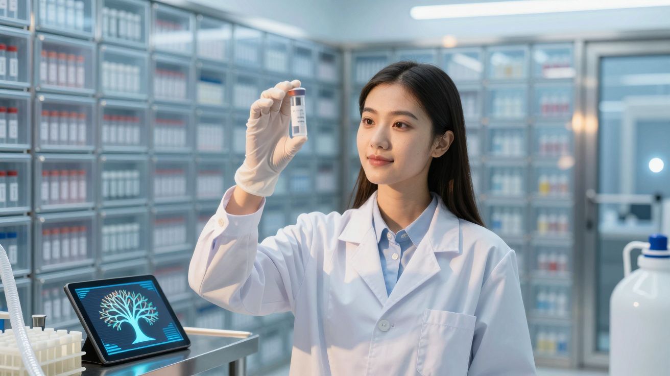 Mulher cientista em bata branca analisa amostra em laboratório moderno com tablet e frascos ao fundo.