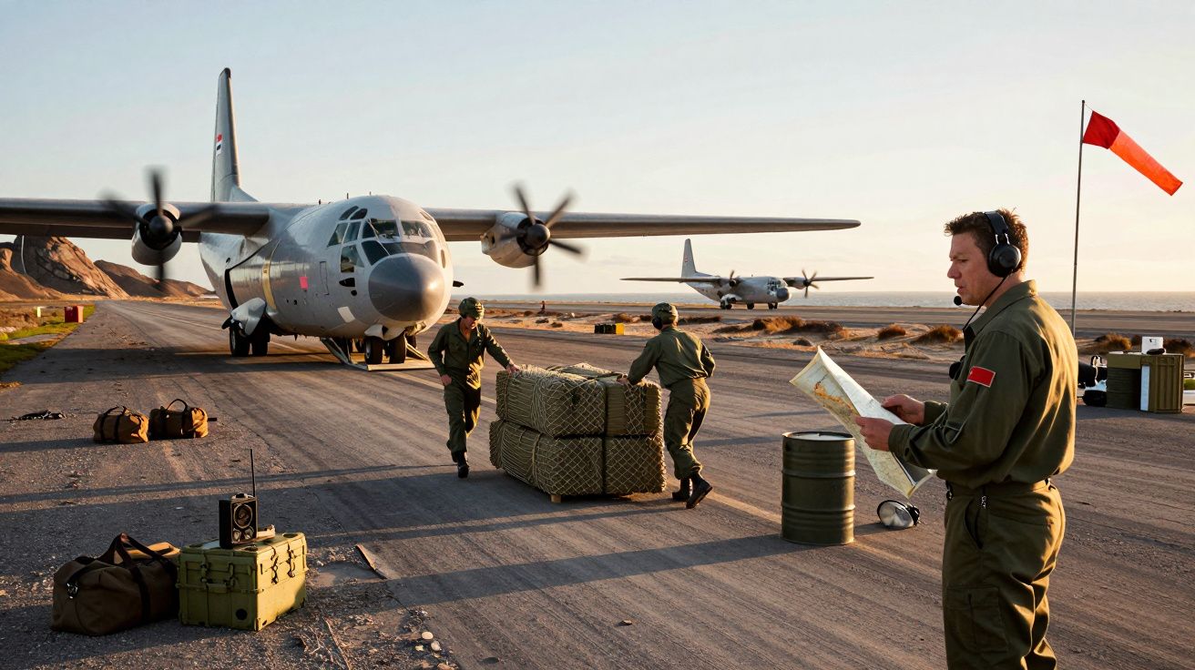 Soldados militares perto de aviões de transporte na pista enquanto preparam carga ao amanhecer.